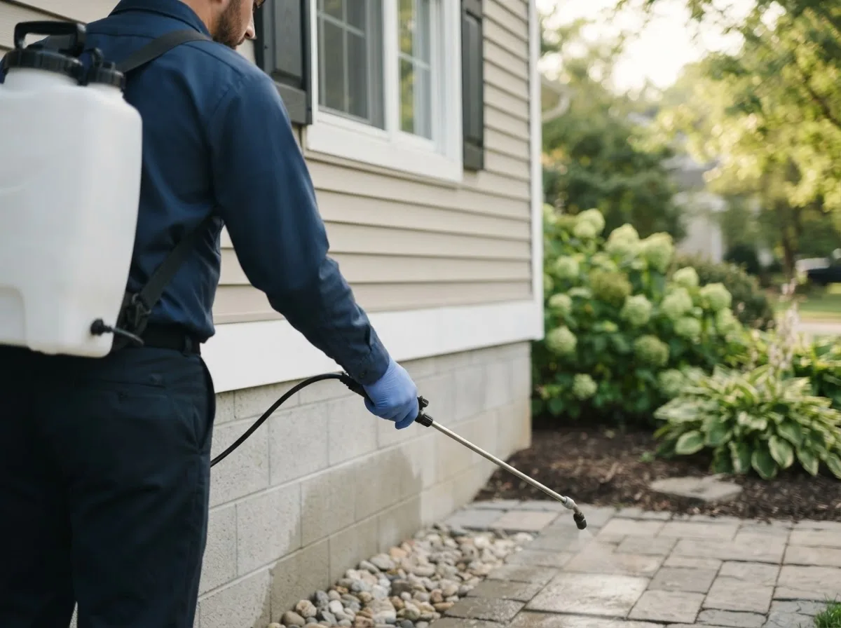 Pest control technician inspecting a home in Three Rivers, MA
